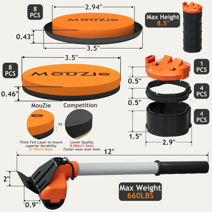 Heavy Duty Furniture Sliders Movers Slider Pads Mover Coasters with Lifter Tool Lift Jack Set for Lifting and Moving Large Appliance and Furniture Over Carpet Hardwood Floors Tile