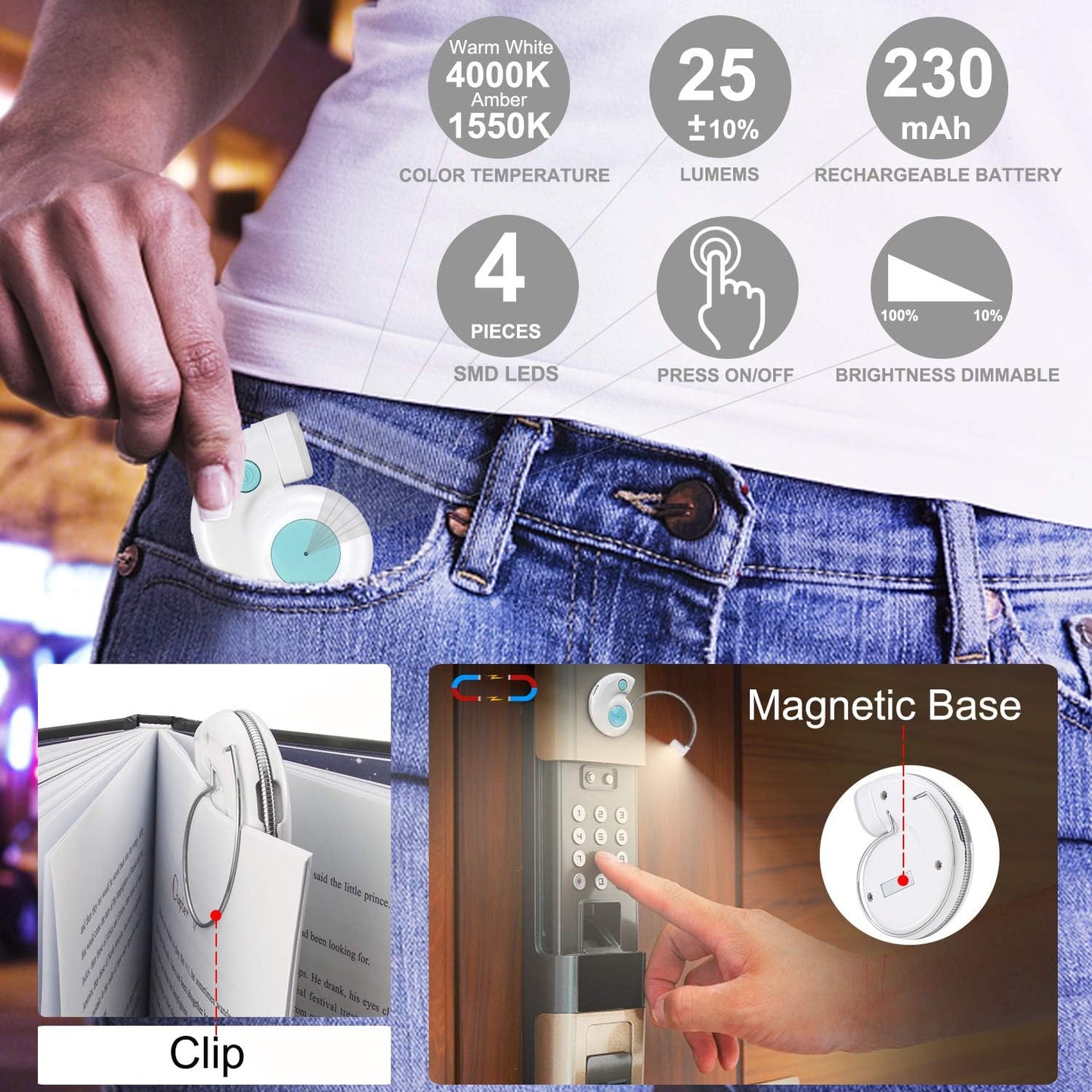 LUXSWAY Rechargeable Reading Light for Kids, LED Book Light with Magnetic Clip and Flexible Gooseneck, Cute Amber Bookmark Light - Violet