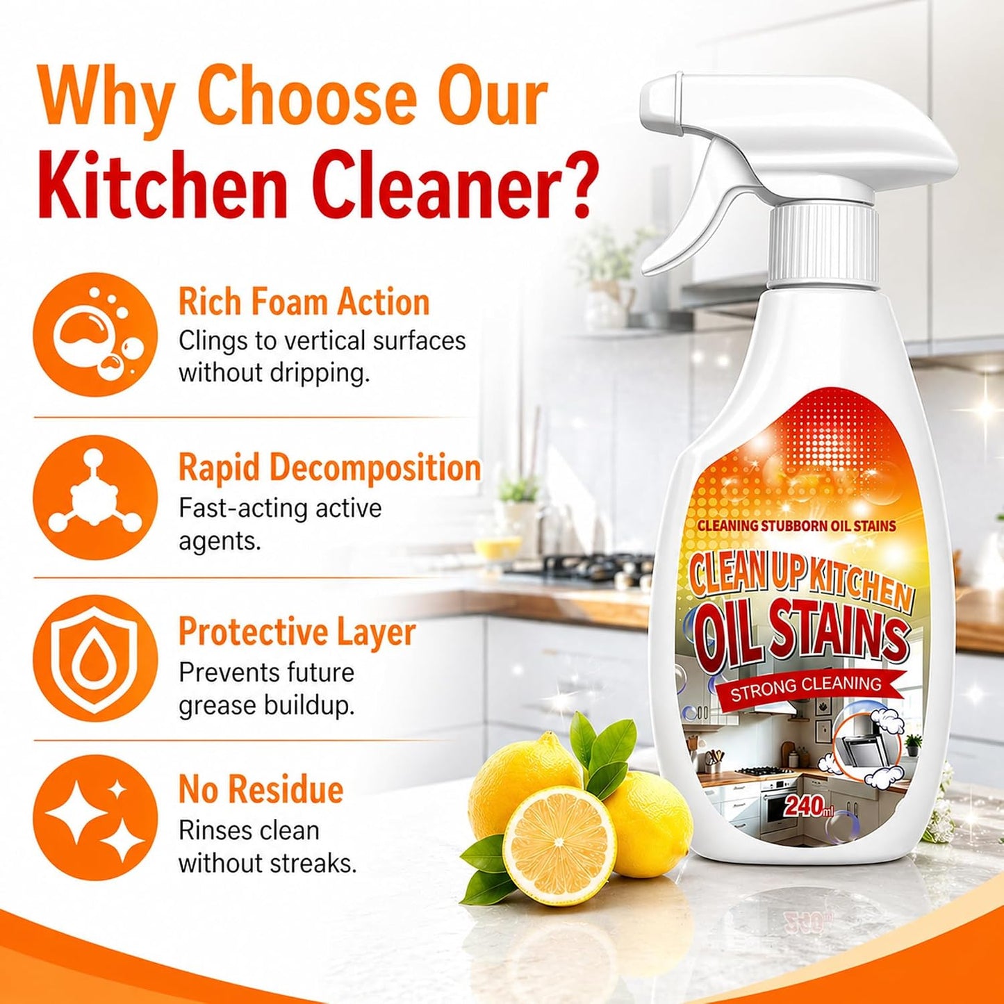 2 PCS Clean Up Kitchen Oil Stains Spray, Kitchen Cleaner Spray, Heavy Oil Cleaner Stain, All-Purpose Cleaning Spray for Kitchens Oil Stain Remover - 240ML/8.45 FL.Oz