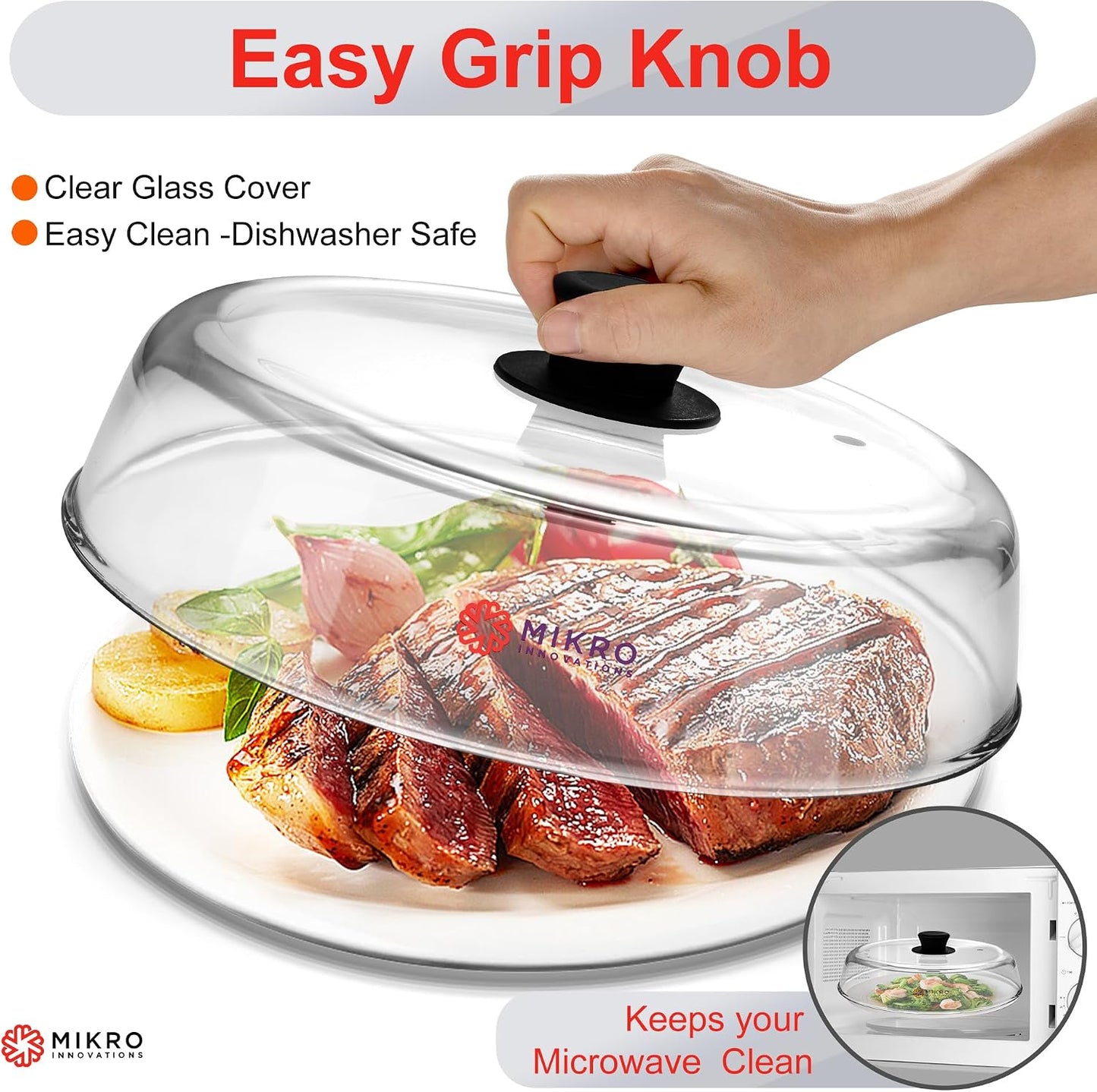 10.5-Inch Glass Microwave Splatter Cover – Borosilicate Glass Food Plate Splatter Guard with Vent Hole, BPA-Free, Easy-Grip Silicone Knob, Dishwasher Safe (1, Black, 10.5in)