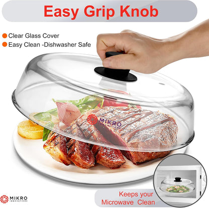 10.5-Inch Glass Microwave Splatter Cover – Borosilicate Glass Food Plate Splatter Guard with Vent Hole, BPA-Free, Easy-Grip Silicone Knob, Dishwasher Safe (1, Black, 10.5in)