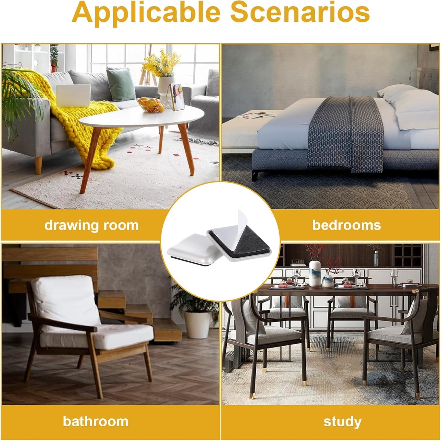 12Pcs Furniture Sliders, Square Self-Adhesive Furniture Sliders Pads | 1.5 Inches Reusable Furniture Chair Leg Sliders Carpet Sliders for Hardwood Floors Moving Table Desk Bed Sofa Couch Cabinet