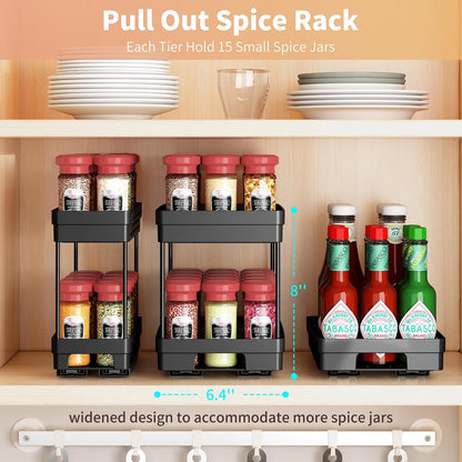Pull Out Spice Rack Organizer for Cabinet, 3 Packs Slide Out Spice Racks Organizer, Spice Cabinet Organizers, Cabinet Size Need:12'' Highx11'' Deepx5'' Wide,Each Tier Hold 10 Spice Jar - 2 Tier, Black
