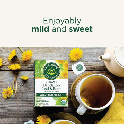 Traditional Medicinals Organic, Dandelion Leaf & Root - Dandelion Root Tea, Supports Normal Detox + Digestion - Kosher, Non-GMO, Caffeine-Free, Compostable - 16 Tea Bags