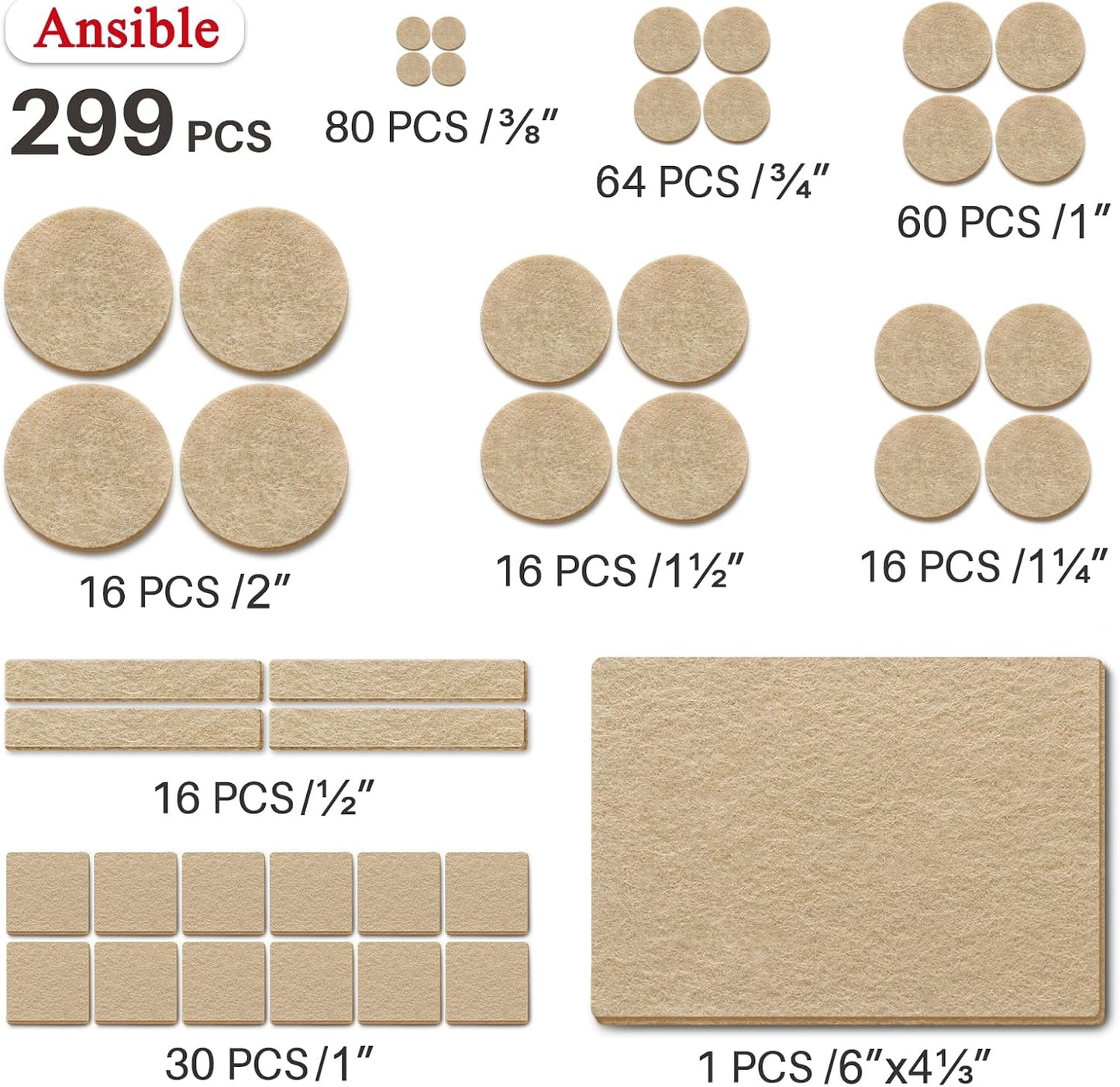 Ansible Felt Furniture Pads Chair Leg Floor Protectors 1" 60PCS | Felt Pads for Hardwood Floors,Self-Adhesive, Reduce Noise and Anti-Scratches,Easy to Install,Beige,Round
