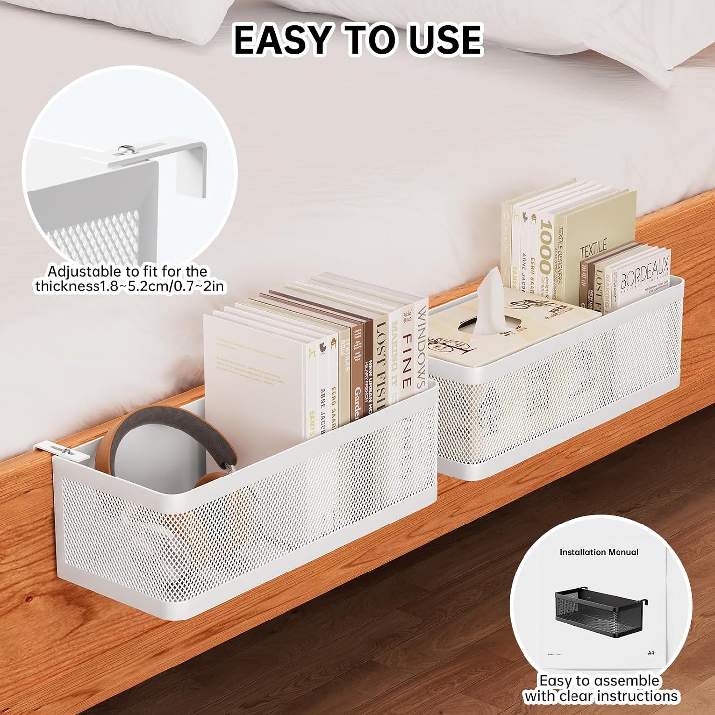 Bedside Caddy Shelf for Bunk Bed & Dorm, Adjustable Bunk Bed Caddy Holder for Top Bunk, Rails, Cribs, Bedside Shelf Organizer for Phone/Books/Drinks (Black, L(L11in*W4.9in*H3.93in))