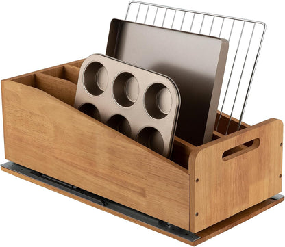 DINDON Pull Out Cabinet Organizer for Pans, Pot lid, Cookie Sheet, Cutting Board, Baking Tray, Slide Out Kitchen Cabinet Storage Organizer, 10.5''W X 21"D X 10.6"H, Wood