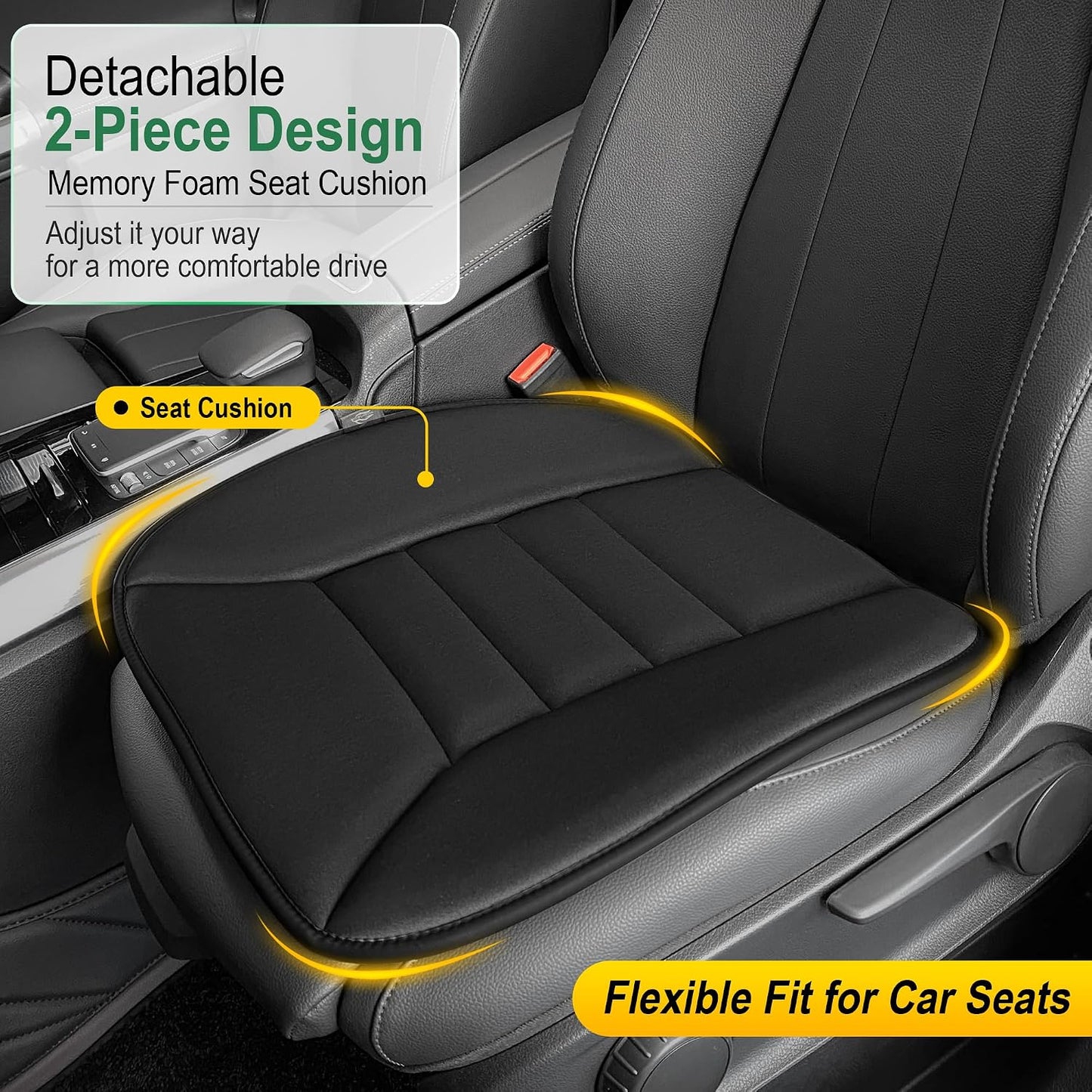 kingphenix Memory Foam Car Seat Cushion for Driver and Office Chair Comfort | 1.2-Inch-Thick Memory Foam Seat Pad, Soft, Breathable Fabric, Non-Slip Silicone Bottom for Long Drives and Office Use, Black