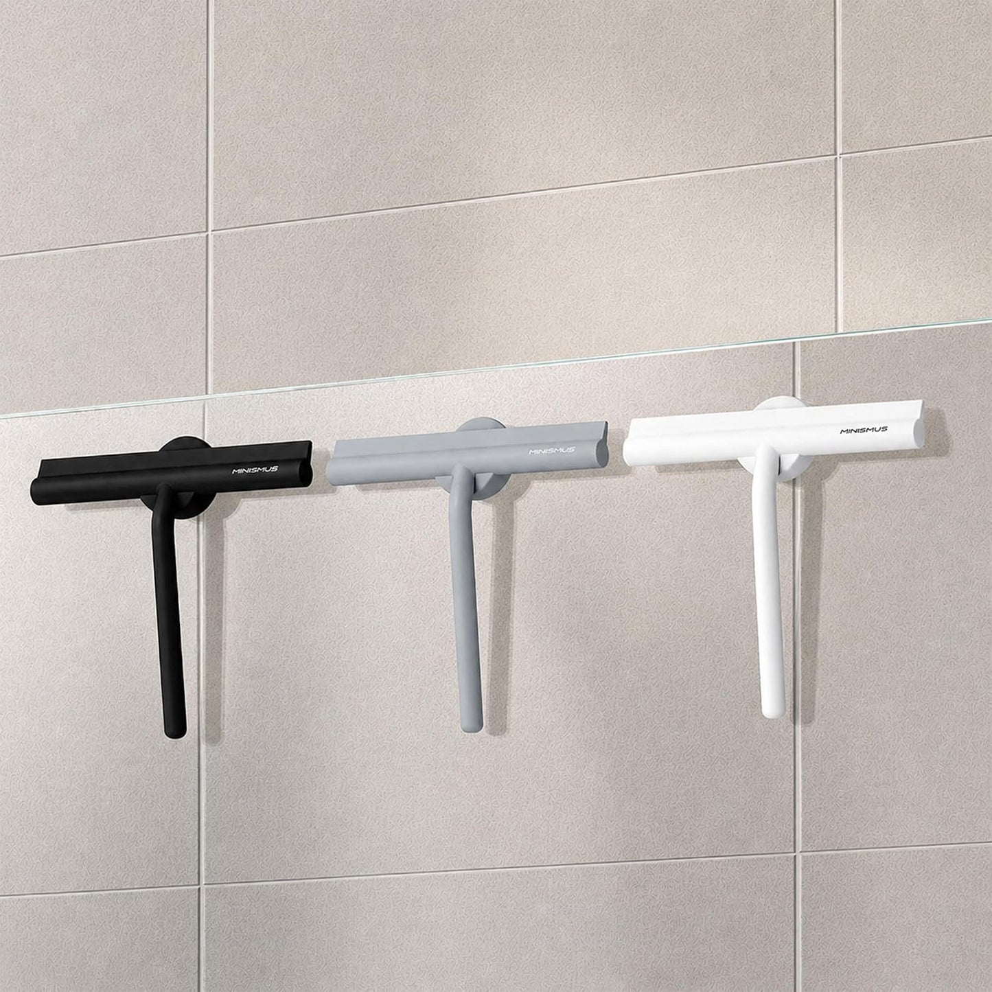 Minismus Shower Squeegee with Magnetic Hook - Silicone Window Wiper with Adhesive Wall Mounted Hanger - Shower Squeegee for Glass Doors - Rubber Squeegee - Shower Glass Cleaner (8.25 inches, Black)