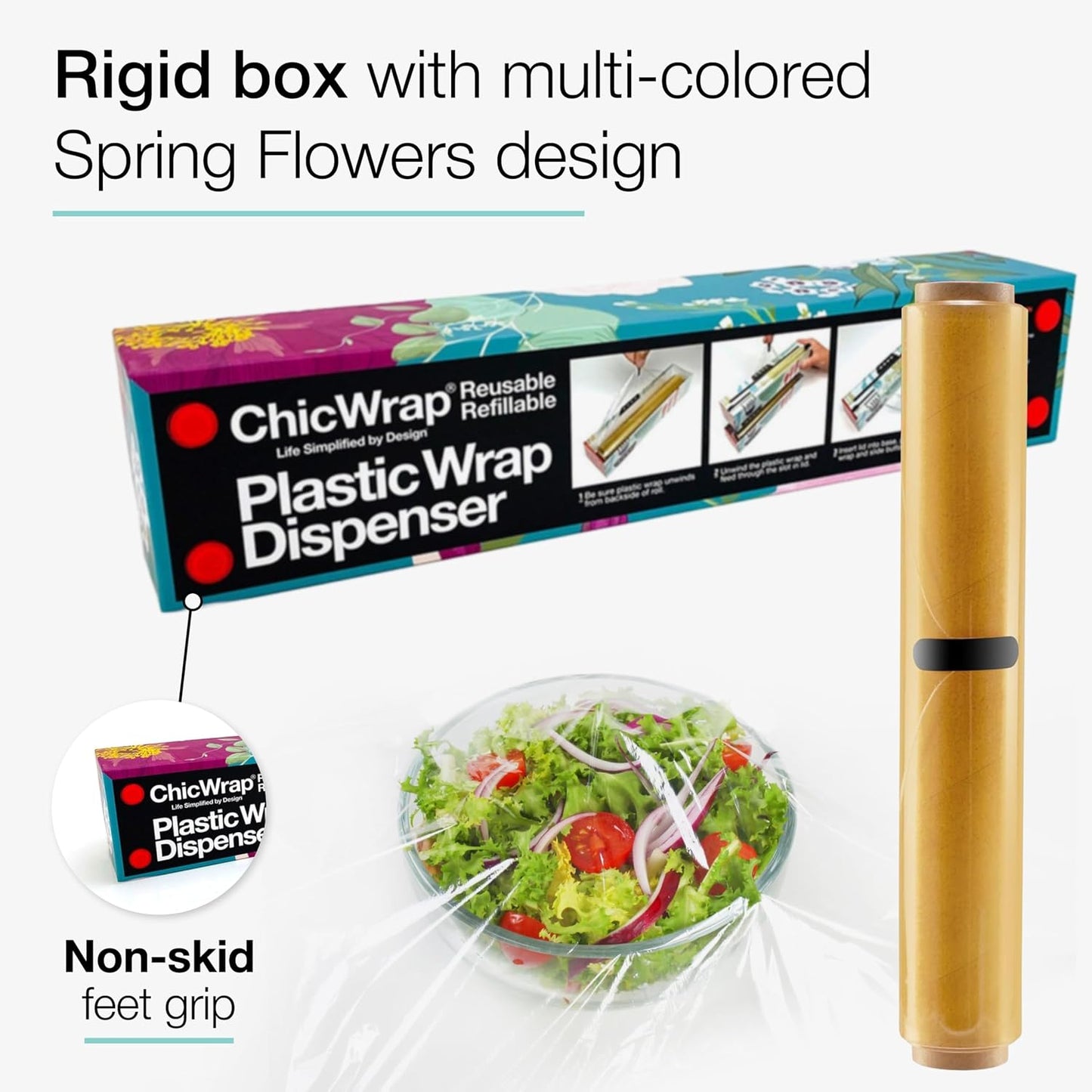 Chicwrap Veggies Refillable Plastic Wrap Dispenser - Includes One 12" x 250' Roll of Professional Grade Plastic Wrap - BPA Free and Kosher Certified - Reusable Dispenser w/Slide Cutter | Reusable Plastic Wrap Dispenser with Four Non-Slip Rubber Feet and