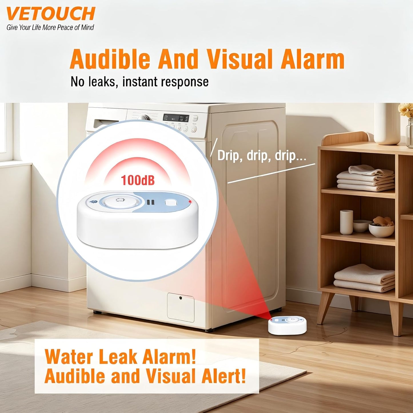 Water Leak Detector with Loud Alarm, 100dB Siren & LED Flash, Water Sensor Alarm for Home, Basement, Sump Pump, Kitchen, Bathroom, RV, Water Heater, Indoor Outdoor 5-Pack