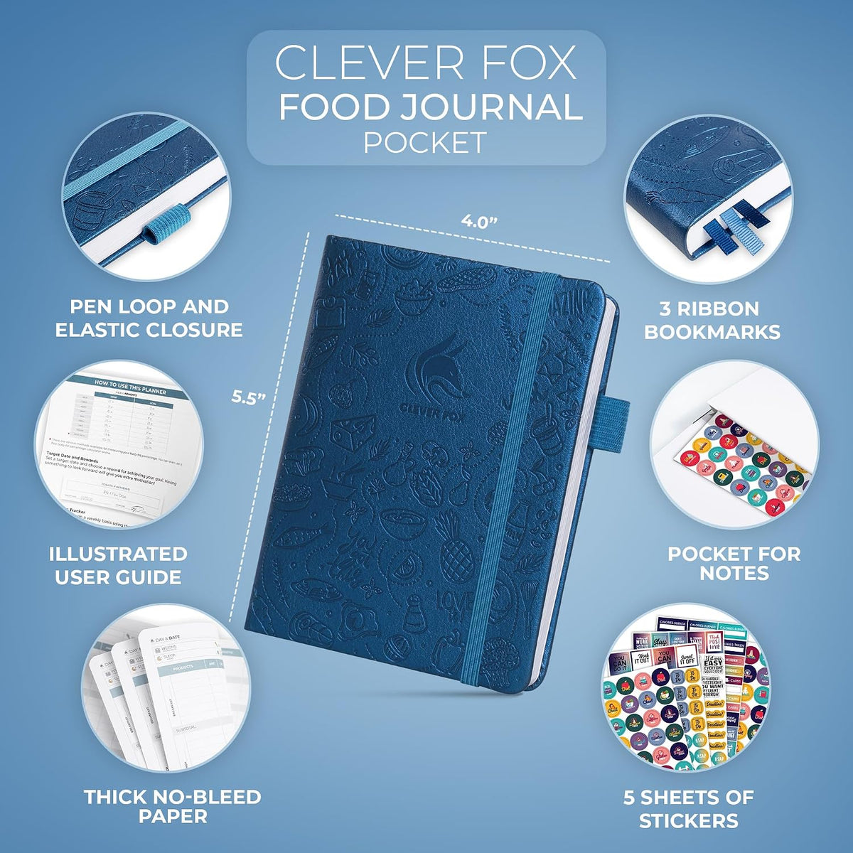 Clever Fox Food Journal for Women & Men, Weight Loss Tracker, Aquamarine