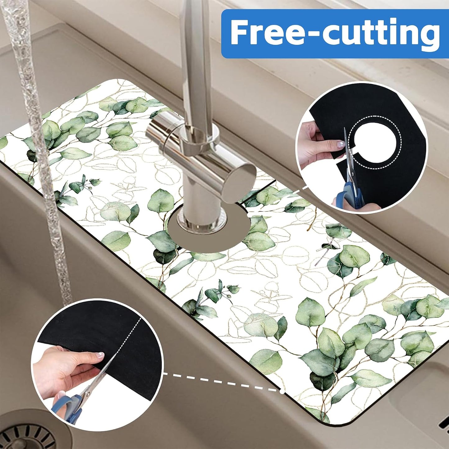 Abstract Watercolor Leaves Sink Faucet Absorbing Mat Sink Splash Guard Faucet Mat Draining Mat Fast Drying Sink Protectors for Kitchen and Bathroom 5.5"×15"