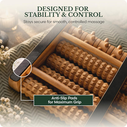 Brookstone Foot Massager Roller Plantar Fasciitis Pain Relief - Wooden Under Desk Feet Massage - Dual Manual Heel Massagers - Wood Rolling Acupressure Tool with Reflexology Guide - Gift for Men, Women