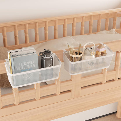 2 Pack Bedside Caddy Organizer, White Metal Hanging Storage Baskets for Bed Rail and Headboard, Bunk Bed Shelves, College Dorm Room Essentials, Holds Phones, Books, Tablets and Bottles (Extra Large)