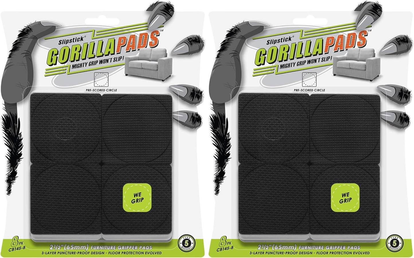 Slipstick GorillaPads CB144 Non Slip Furniture Pads/Grippers (Set of 8) Furniture Feet Floor Protectors, 2 Inch Round, Black