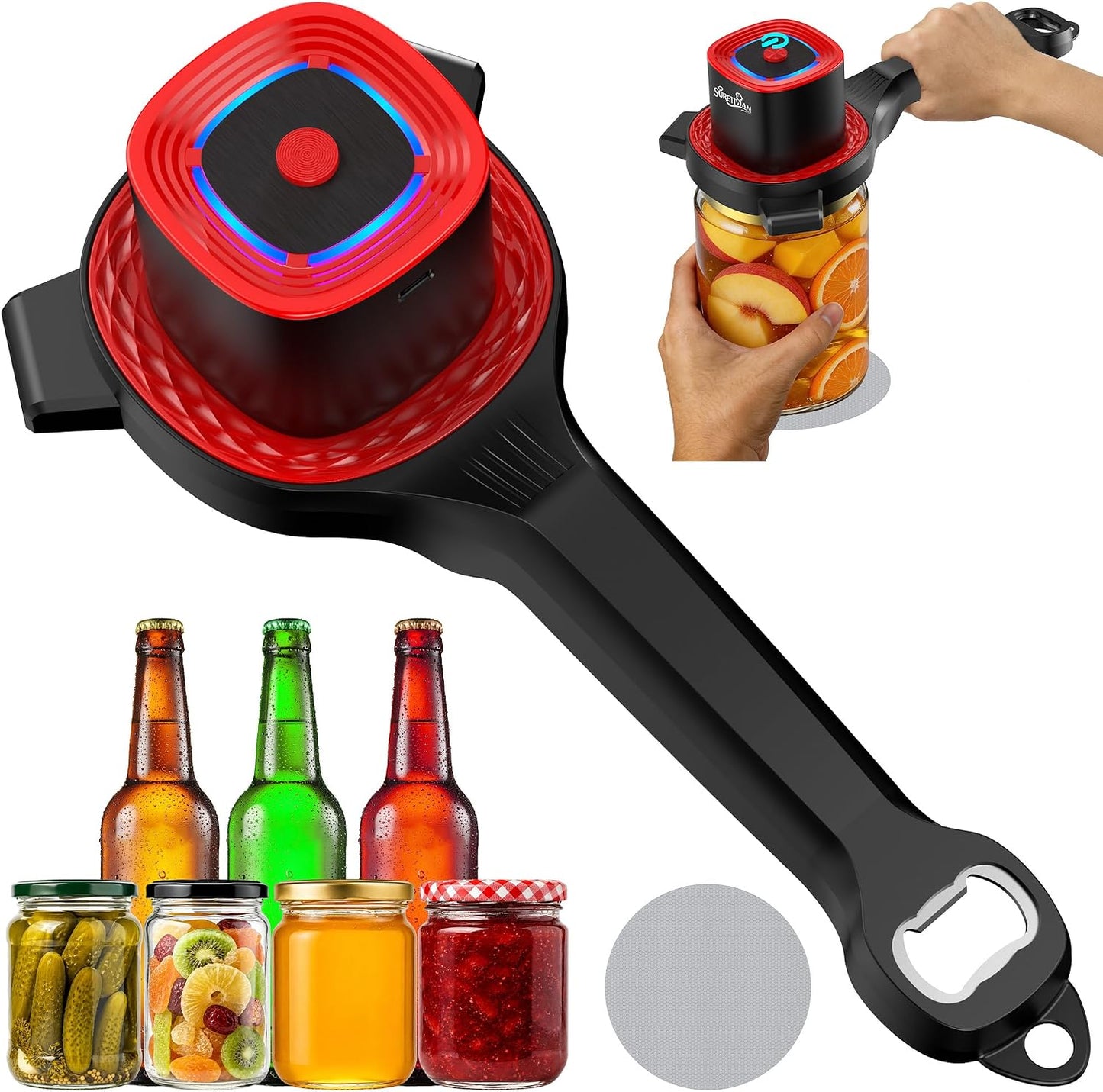 Electric Jar Opener for Seniors with Auto-Adjusting Gripper,Fit 1"-3.5" Cap | Rechargeable Jar & Bottle Openers for Weak Hands and Arthritis, Easy Twist Off Lid Opener with Rubber Gripper Pad，Red