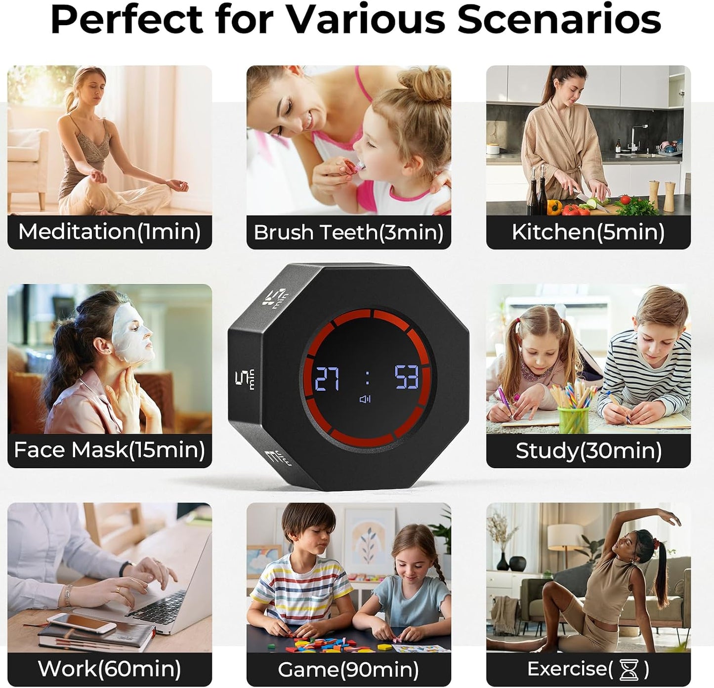 Rechargeable Pomodoro Timer, Small Gravity Timer (Space Gray) | Seven Preset Flip Times (1/3/5/15/30/60/90 min) and Count-Up Mode: Digital Kitchen Timer for Cooking, Work, and Study