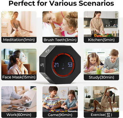 Rechargeable Pomodoro Timer, Small Gravity Timer (Space Gray) | Seven Preset Flip Times (1/3/5/15/30/60/90 min) and Count-Up Mode: Digital Kitchen Timer for Cooking, Work, and Study