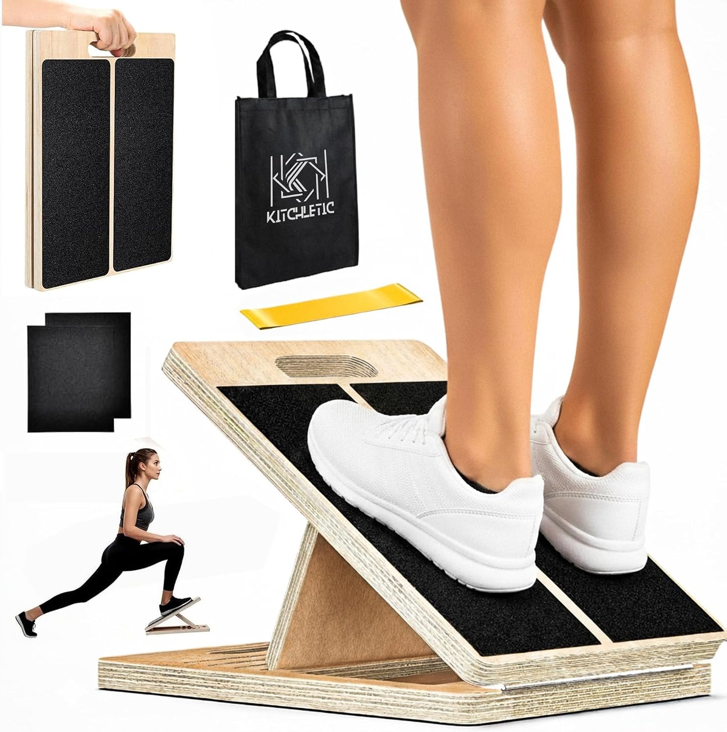 Wooden Slant Board for Calf Stretching, Adjustable Calf Stretcher Incline Wedge for Squats, Foot Ankle Heel Leg Stretch, Physical Therapy Balance Board, Portable with Carry Bag & Loop Band
