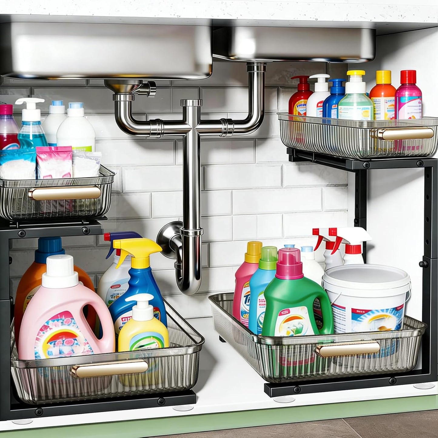 ARSTPEOE Under Sink Organizer - 2 Pack Multi-Purpose Pull-Out Storage Shelf | Slide out Pull out Cabinet Organizer Shelf, Storage for Kitchen Bathroom