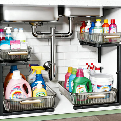 ARSTPEOE Under Sink Organizer - 2 Pack Multi-Purpose Pull-Out Storage Shelf | Slide out Pull out Cabinet Organizer Shelf, Storage for Kitchen Bathroom