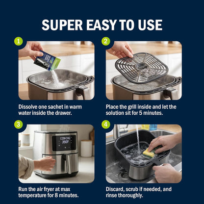 Air Fryer Cleaner and Degreaser. 6 Powder Sachets with Brush. Cuts Grease, Burnt Food and Odors. For Basket, Drawer, Grill and Crisper Plate. Nonstick Safe