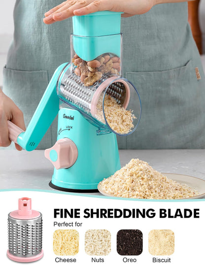 Geedel Rotary Cheese Grater, Kitchen Mandoline Vegetable Slicer with 3 Interchangeable Blades, Easy to Clean Rotary Grater Slicer for Fruit, Vegetables, Nuts | 3 Blades, 430 Stainless Steel, 12x Fast Cutting, Strong Suction Base, No BPA, Dishwasher Safe,