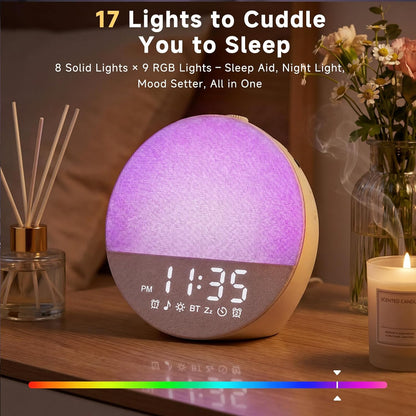 Geuuap Sunrise Alarm Clock, Natural Wake-Up Light White Noise Machine,Khaki | 30 Soothing Sounds, 17 Dimmable lights, Dual Independent Alarms, Bluetooth Speaker, Auto-off Sleep timer, Screen-Free Design