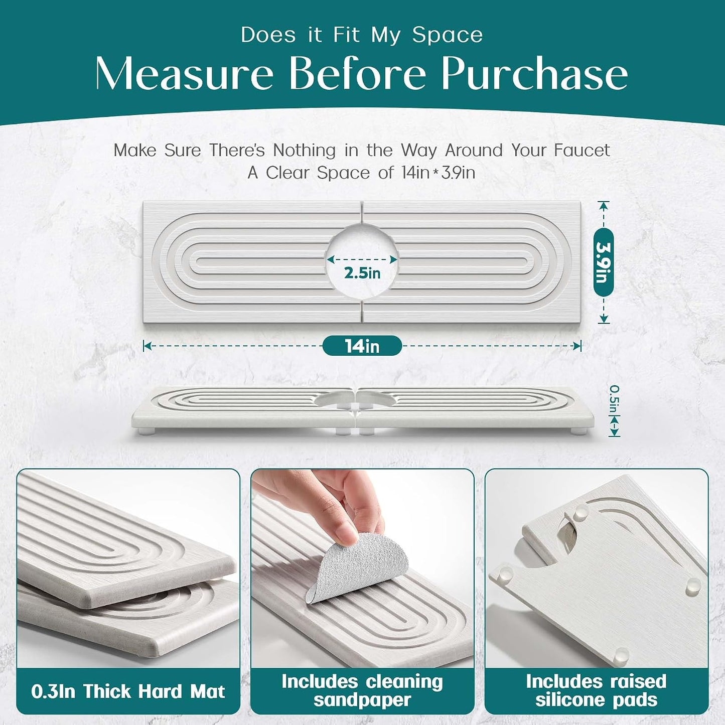 Stone Faucet Mat for Kitchen Sink – Diatomite Drying Stone Mat & Sink Protector, Prevents Moisture – Sink Splash Guard Water-Absorbing Stone Tray for Bathroom Counter (Light Grey, 20" x 3.9")