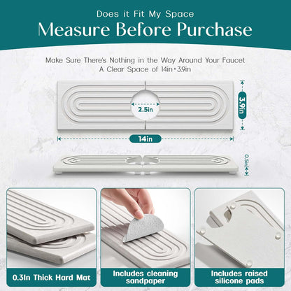 Stone Faucet Mat for Kitchen Sink – Diatomite Drying Stone Mat & Sink Protector, Prevents Moisture – Sink Splash Guard Water-Absorbing Stone Tray for Bathroom Counter (Light Grey, 20" x 3.9")