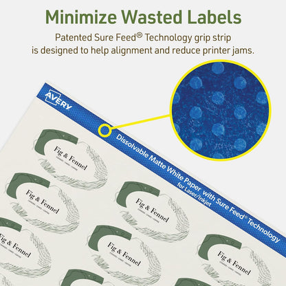 Avery Dissolvable Oval Labels, Sure Feed Technology, 1-1/8" x 2-1/4", Matte White, Print-to-The-Edge, Laser/Inkjet Printable, 105 Labels Total