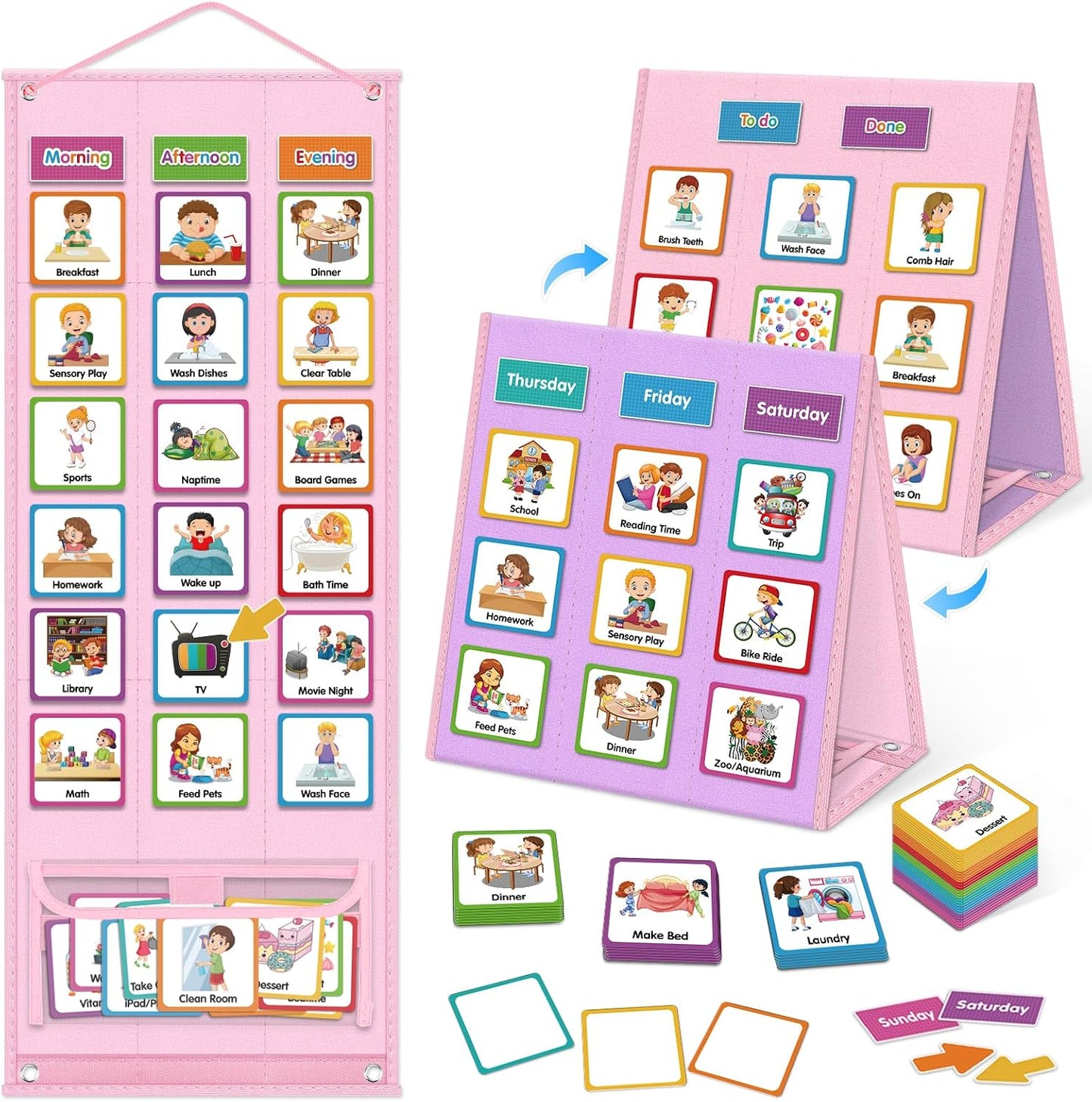 Large Visual Schedule for Kids Chore Reward Chart,Bedtime Routine Chart for Toddlers,Double Side Weekly Planner Board With 109 Cards for Home School Planner,Autism Learning Materials.