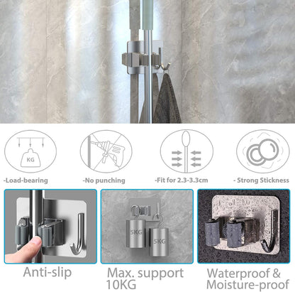 homeasy Broom Holder Wall Mount 4Pcs, Self Adhesive Mop Broom Hanger Black | Self adhesive stainless steel broom organizer with 4 hooks, holds mops, brooms and garden tools without drilling