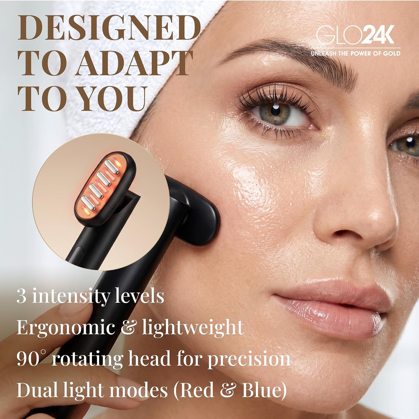 GLO24K Heated Eye Wand & Eye Massager Tool - Gentle Warmth & Vibration for Smoother-Looking Skin, Refreshing Under-Eyes Massage, Portable Beauty Device