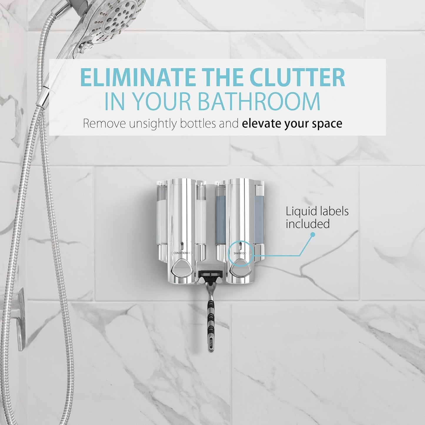 Better Living Aviva Wall Mount Shower Dispenser, 3 x 11 oz, Satin Silver | 3 Chamber, Shower Dispenser for Bathroom, Built-in Hooks, No Drill, Waterproof Dispenser Pump