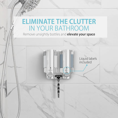 Better Living Aviva Wall Mount Shower Dispenser, 3 x 11 oz, Satin Silver | 3 Chamber, Shower Dispenser for Bathroom, Built-in Hooks, No Drill, Waterproof Dispenser Pump