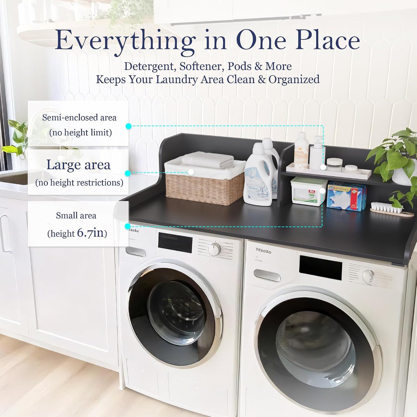 DTK Washer Dryer Wood Countertop with Shelf, Laundry Topper with Non-Slip Mat,27.55" Depth x 54" Width Dryer Covers for The Top with Edge Rails, Black