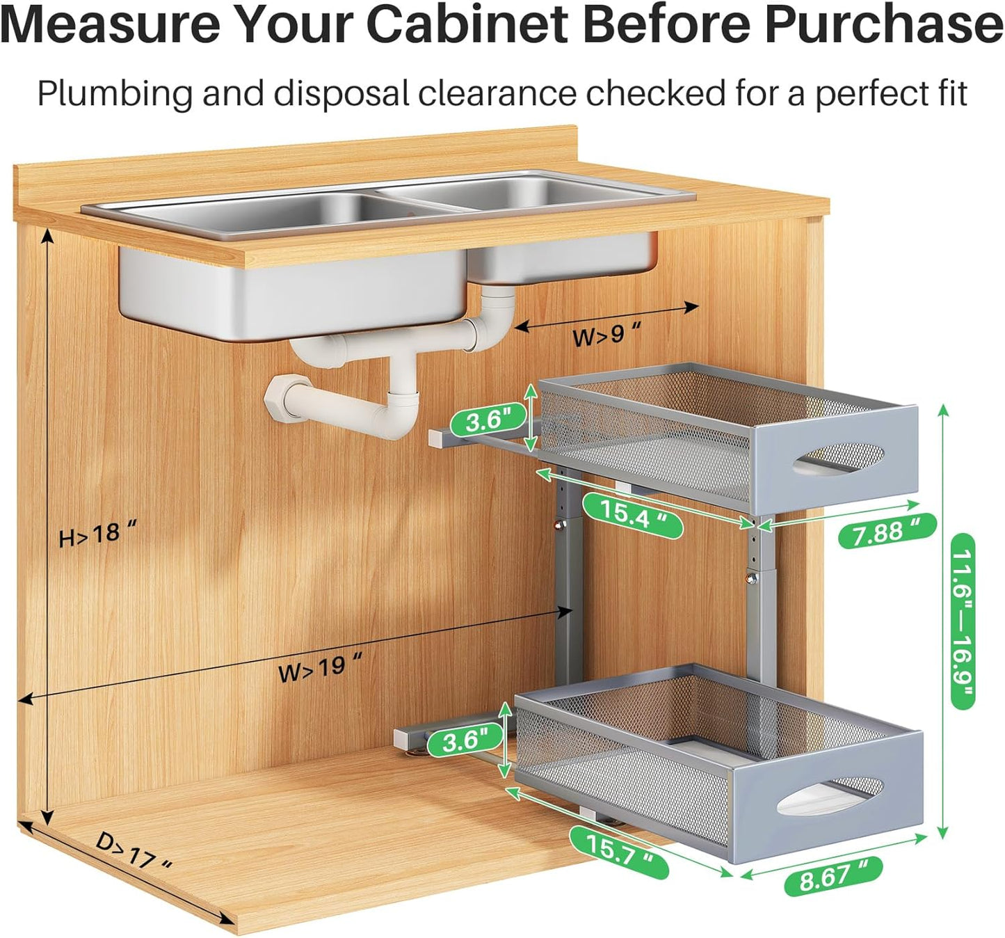 Under Sink Organizer, 2 Tier Pull out Cabinet Organizer Baskets with Mesh Sliding Drawers, Slide out Storage Shelf for Home, Kitchen, Bathroom, Pantry, Office Cabinet, Countertop(1 Pack)