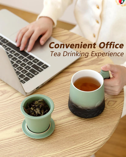 ZENS Tea Mug with Infuser and Lid for Loose Leaf Tea Steeper, 16.9oz Moss | Embossed Ceramic Tea Cup with Infuser for Herbal Tea Difussers, Tea Lovers Gifts, Nature Wood Handle