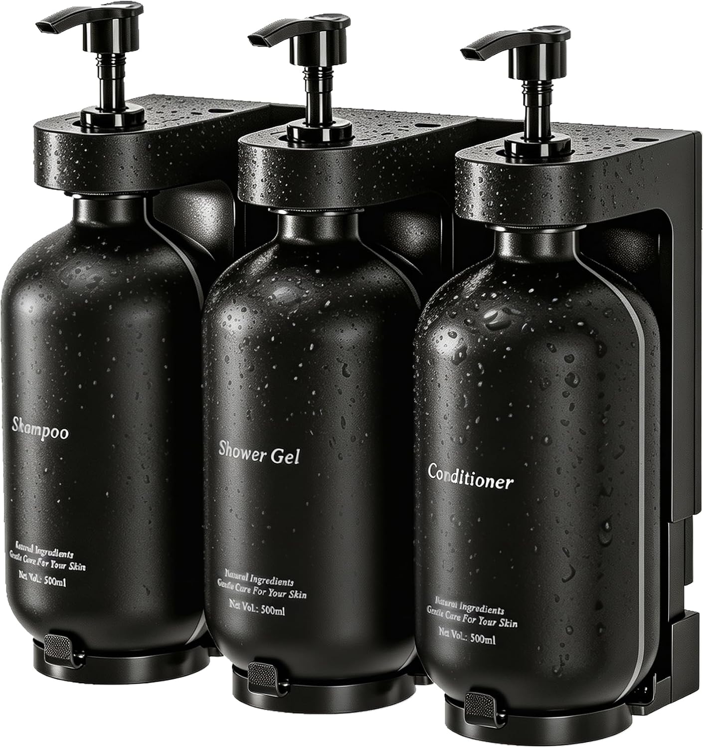 Shampoo and Conditioner Dispenser, Wall-Mounted 3-Bottle Set | 3 Refillable PET Bottles with Waterproof Labels, Adhesive and Screws for Bathrooms, Showers, Hotels, Vacation Rentals and RVs