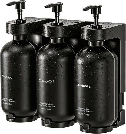 Shampoo and Conditioner Dispenser, Wall-Mounted 3-Bottle Set | 3 Refillable PET Bottles with Waterproof Labels, Adhesive and Screws for Bathrooms, Showers, Hotels, Vacation Rentals and RVs
