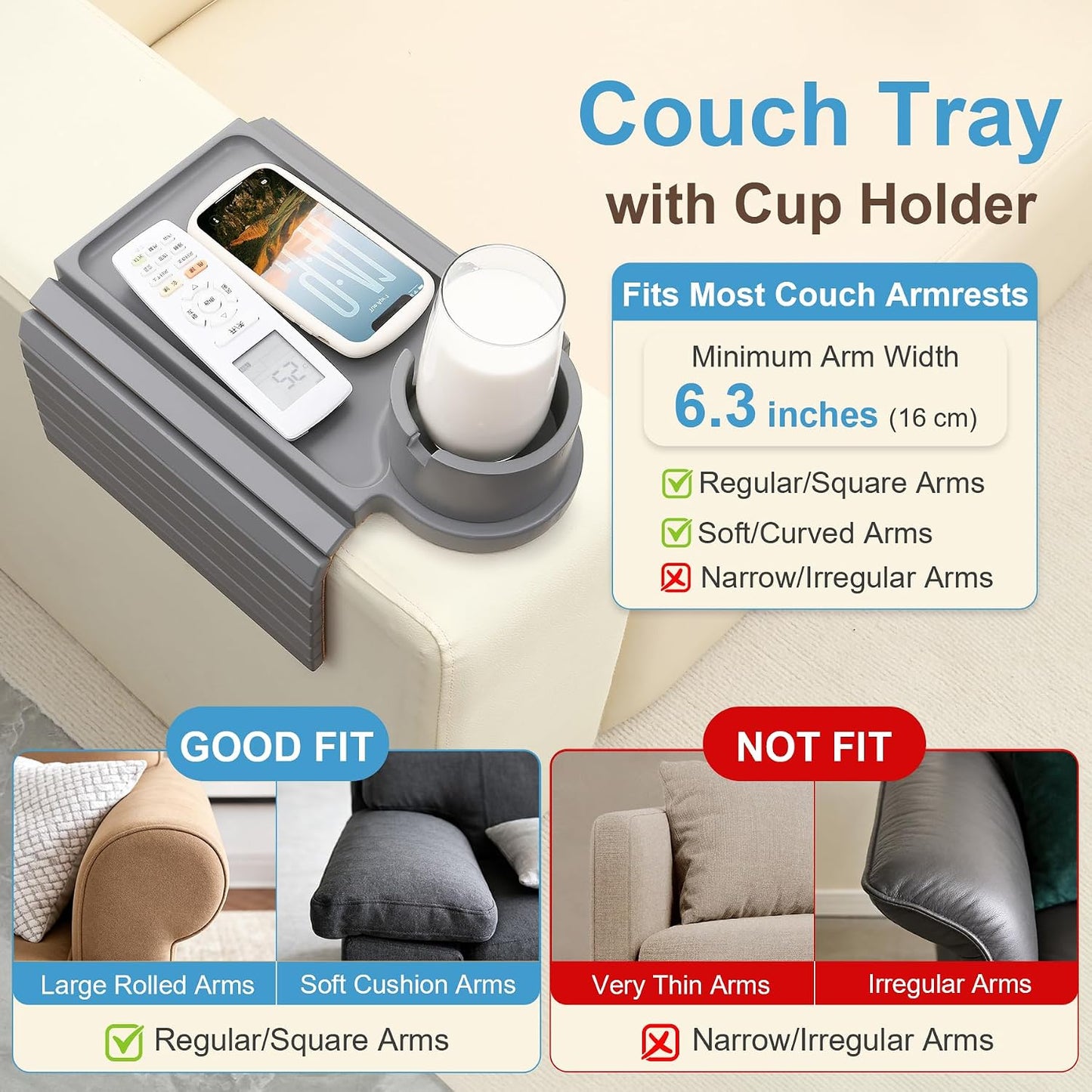 Couch Cup Holder - 3 in 1 Sofa Arm Tray with 360° Rotating Cup Holder & Phone Stand,Arm Chair Rest Table Fits Various of Large Width Couches Armrest,Anti-Slip Foldable Couch Tray for Drinks