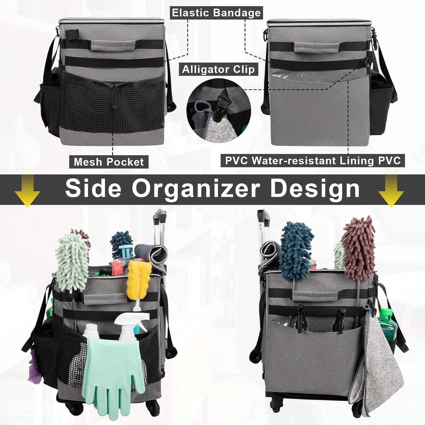 Wearable Large Cleaning Caddy Bag for Housekeepers (Black&Gray) | Cleaning Supplies Organizer with Adjustable Shoulder, Waist & Handle Straps, Detailing Bag for Kitchen Supplies