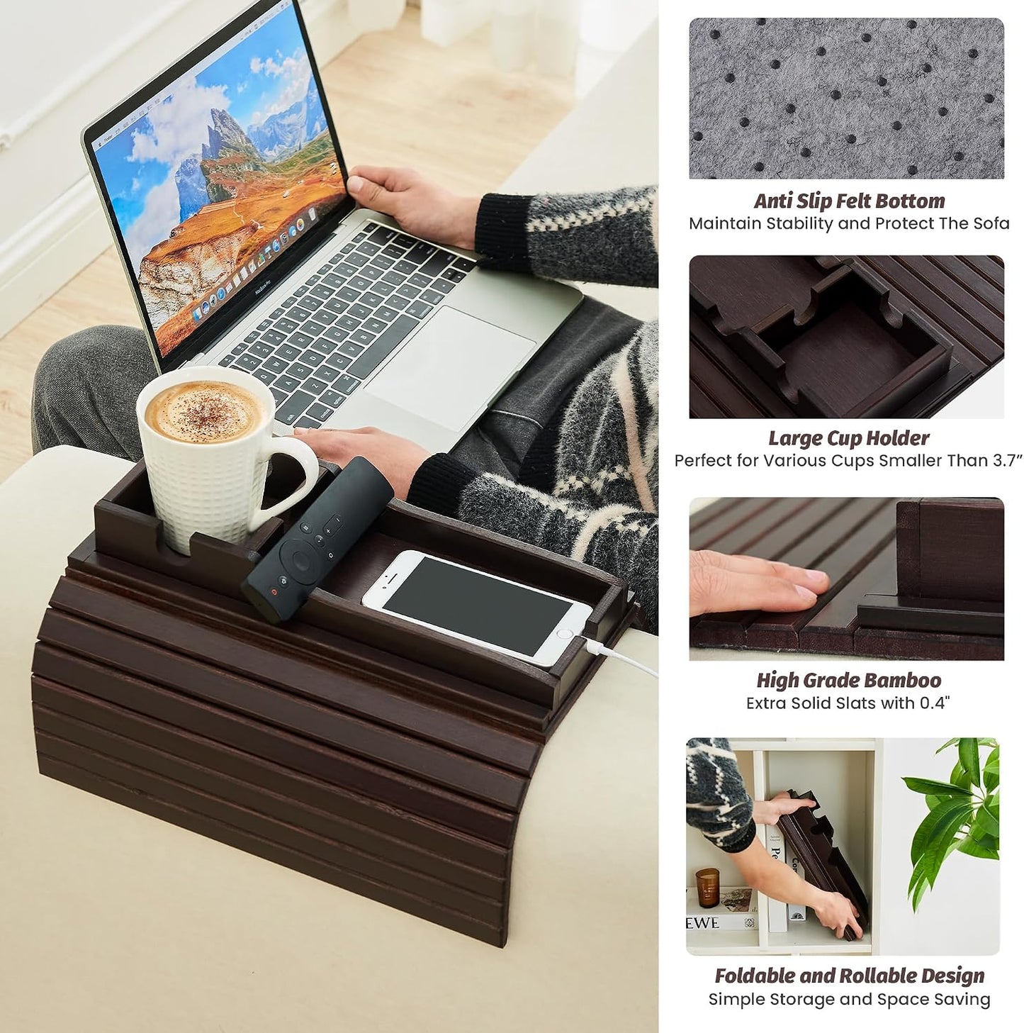 GEHE Couch Cup Holder, Anti Falling Sofa Arm Tray, Natural Bamboo Sofa Cup Holder More Safe for Your Family, Portable Couch Arm Tray Armrest Table for Remote, Snacks, Drinks