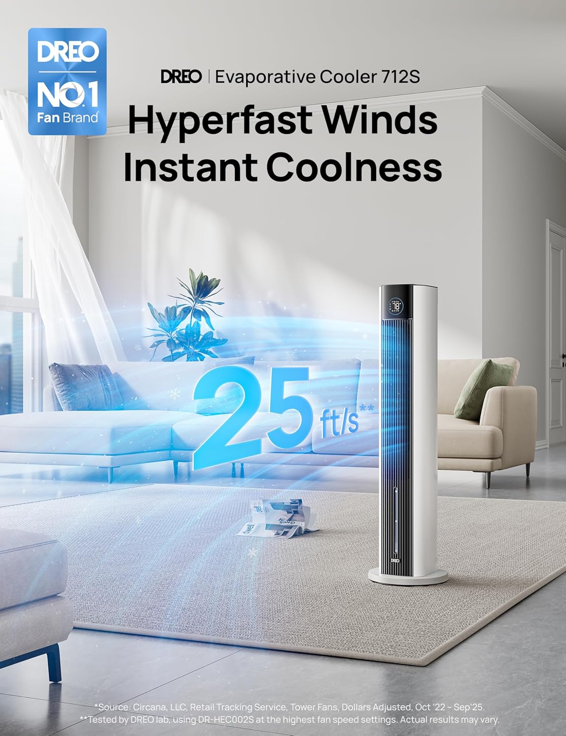 DREO Tower Fan for Bedroom, 43" Cooling Fans That Blow Cold Air 2025 Upgraded, Evaporative Air Cooler, Quiet 85° Oscillating Floor Fan, Easy Cleaning, APP Control, 4 Modes & 4 Speeds, Ink Black