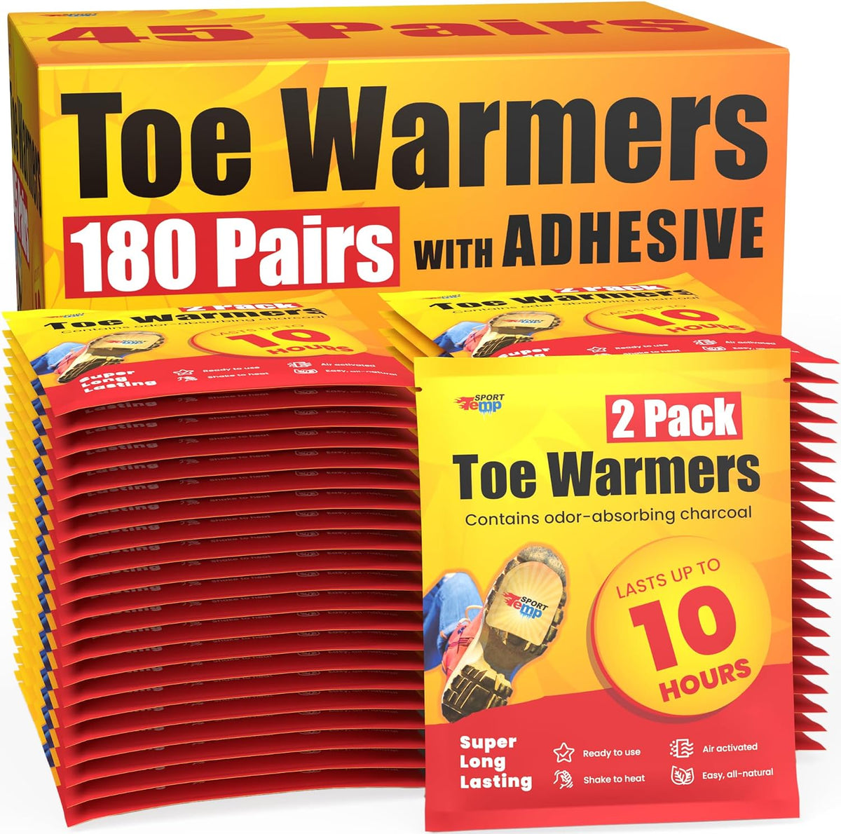 Toe Warmers - Up to 10 Hours of Heat, Easily Apply with Adhesive - Ultra Thin, Easy, All Natural - Air Activated, Odorless Hot Toe Warmers - Sport Temp