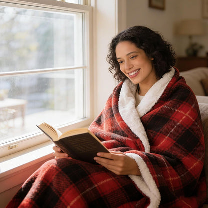 Heated Electric Blanket, Red Christmas Sherpa Plaid Throw Blanket