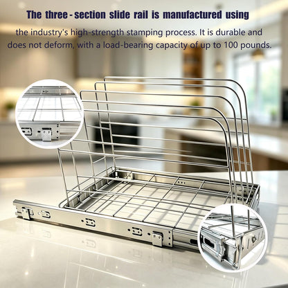 Pull Out Baking Pan Organizer for Cabinet, Cookie Sheet, Cutting Board, Tray Organizer for Cabinet, Adjustable, 22.5"D x11"H x 9"W, Pull/Slide Out Organizer-Heavy Duty, Chrome steel, 50-Year Warranty