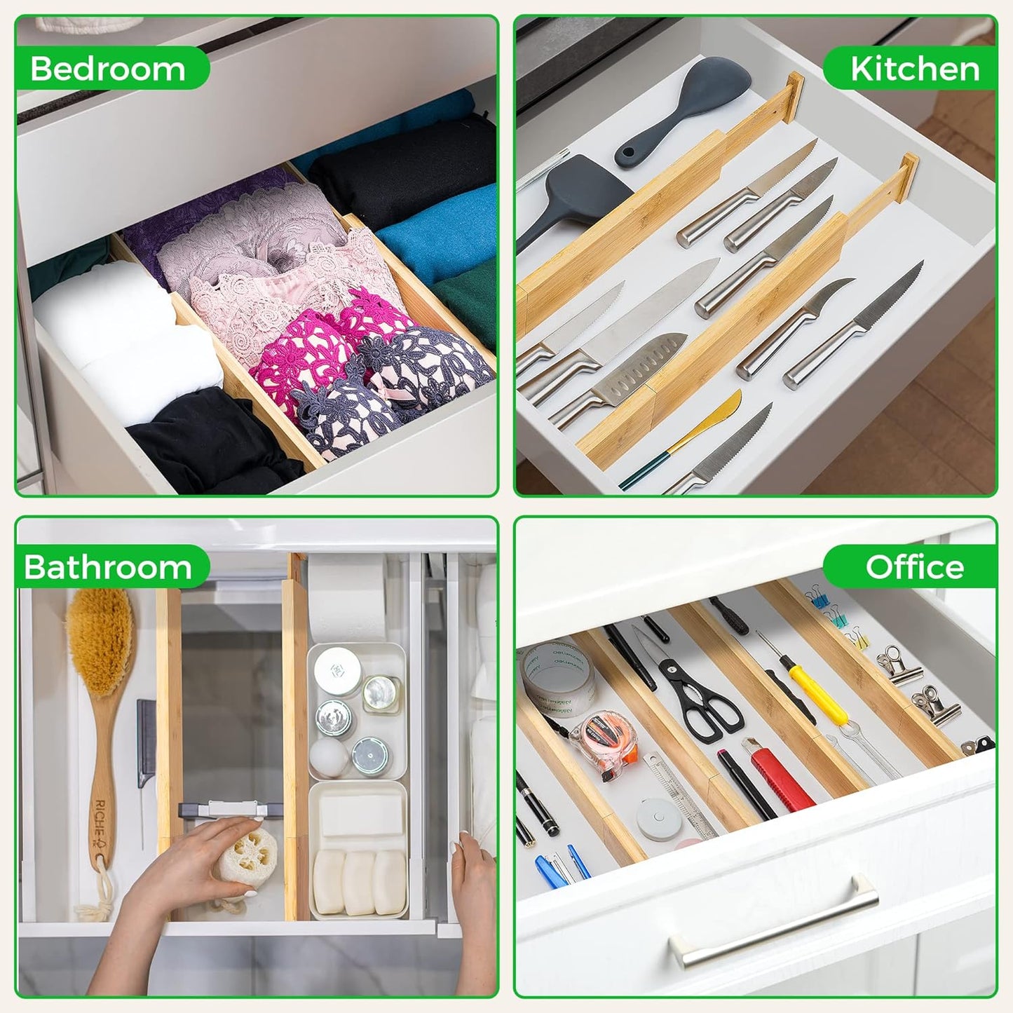 4 Pack Bamboo Drawer Dividers Organizer with Inserts 2.6'' High | Expandable from 12.5-21.7", Adjustable Drawer Organizer Separators for Utensils, Clothing, Office, Dresser, Bedroom, (Beige)